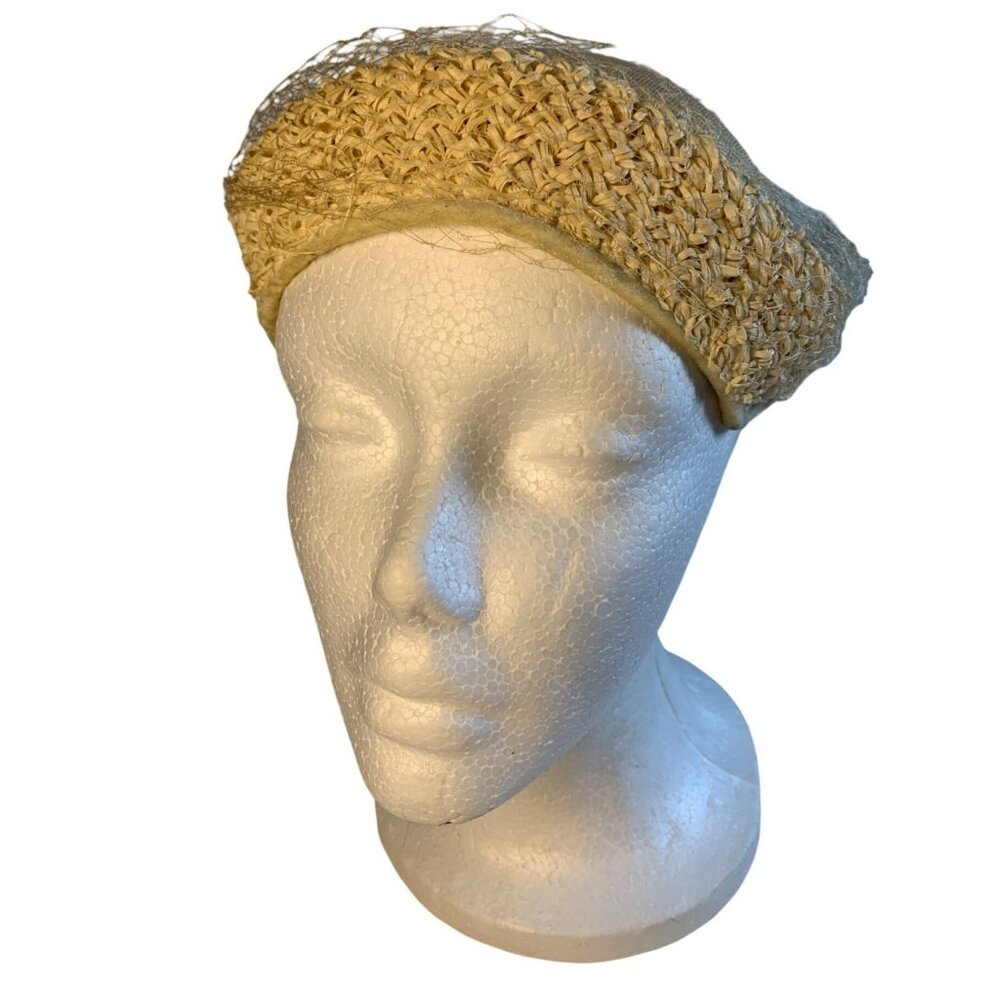 Vintage Womens Cream Woven Hat 22" With Decorative Hat Pin